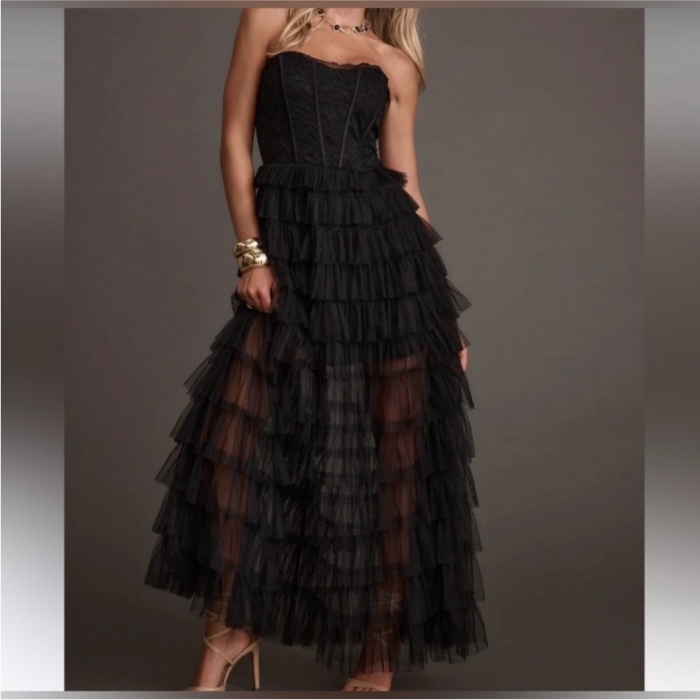 12th Tribe Black Strapless Tiered Gown